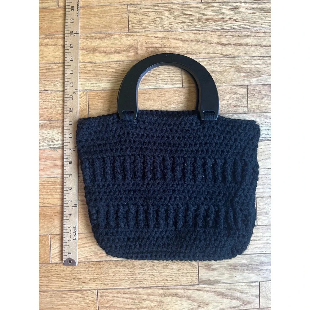 Black Crochet Knit Tote Bag with Round Top Handles Textured Handmade Purse